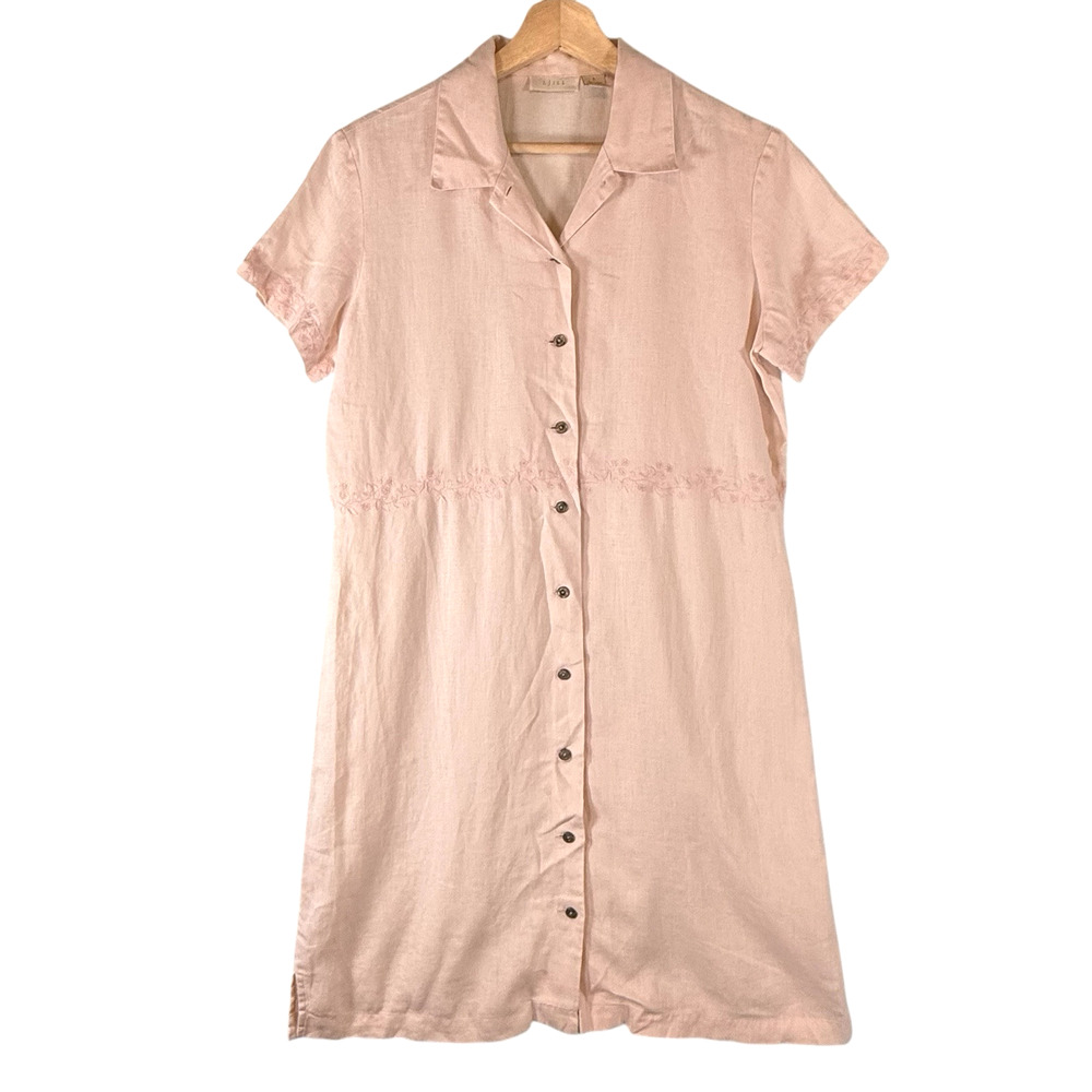 J.Jill 100% Linen Lt Pink Shirt Dress Knee Length SIZE SMALL Womens Embroidered